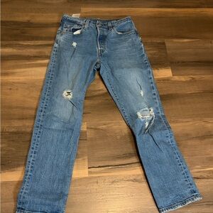 Mens Levi's 501 Distressed Light Blue Straight Jeans Size 28W x 28L